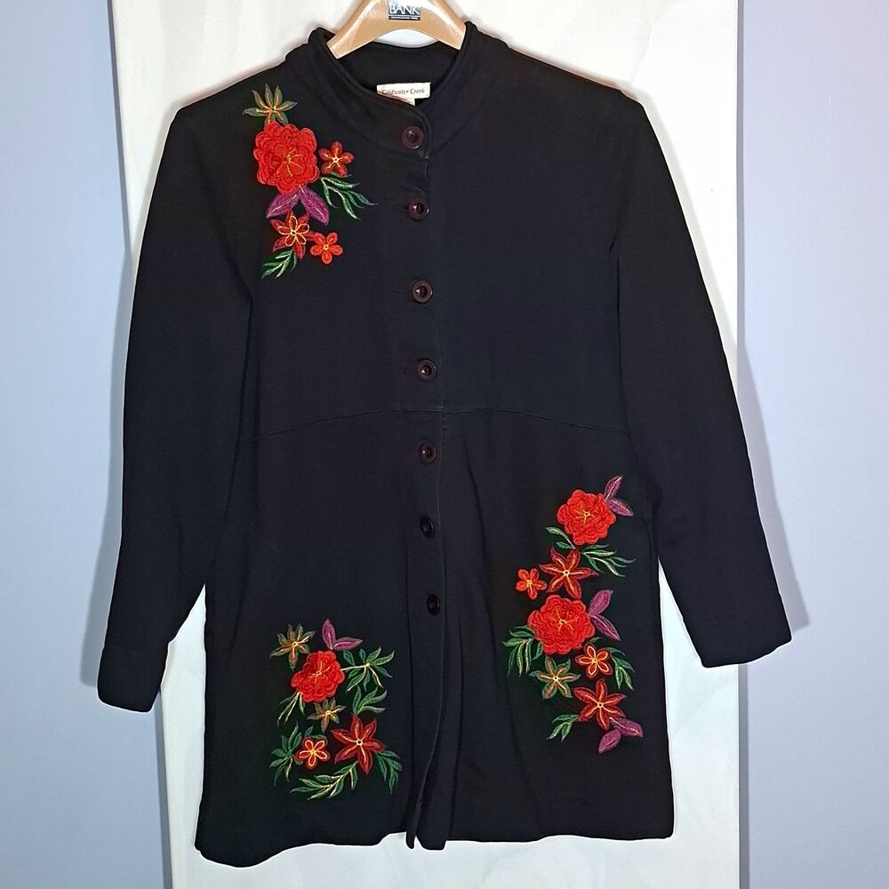 Vintage Coldwater Creek Black Heavyweight Cotton Floral Embroidered Jacket L